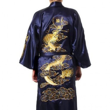 Chinese Men's Silk Satin Embroider Kimono Robe Gown Dragon