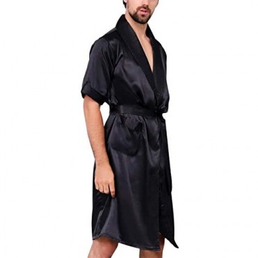 Haseil Men's Satin Kimono Robe Short Sleeve Luxurious Spa Summer Silk Sleepwear Bathrobe with Pockets