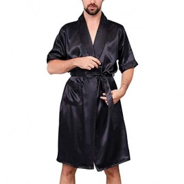 Haseil Men's Satin Kimono Robe Short Sleeve Luxurious Spa Summer Silk Sleepwear Bathrobe with Pockets
