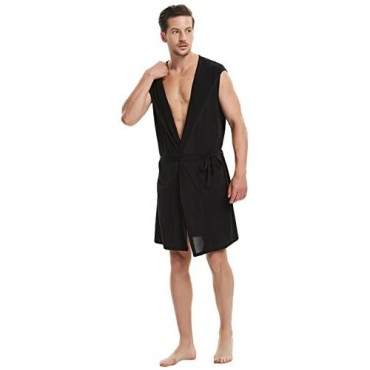 Haseil Men's Silk Kimono Bathrobe Hooded Sleeveless Open Front Sleepwear Pajamas