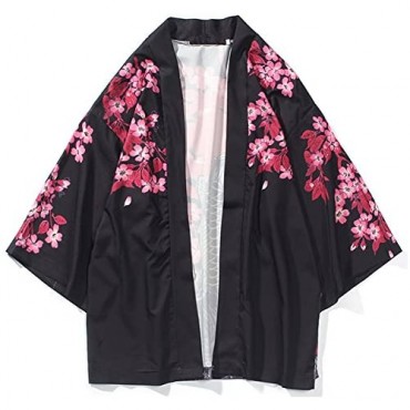 LifeHe Men's Kimono Japanese Floral Printed Kimono Cardigan Jackets Coats