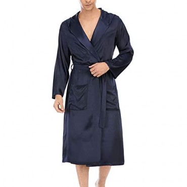 Lu's Chic Men's Long Sleeve Robe Hooded Bathrobe Thin Satin Bath Robes Knee Length Pocket House