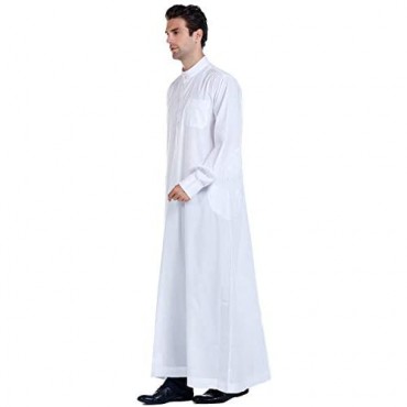Men Arabic Long Sleeve Pure Color Thobe Crew Stand Collar Kaftan Robe with Button