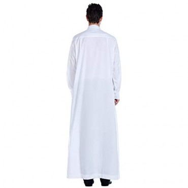Men Arabic Long Sleeve Pure Color Thobe Crew Stand Collar Kaftan Robe with Button