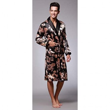Men's Long Satin Floral Robe Silky Bathrobe Dragon Pattern Sleepwear withLong Sleeves and 2 Front Pockets