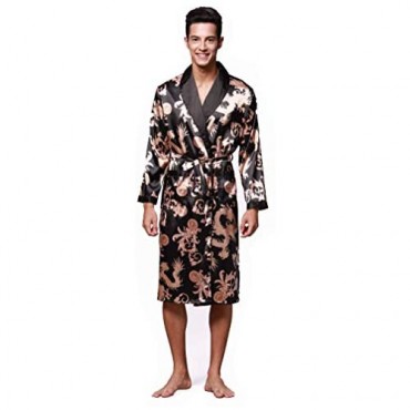 Men's Long Satin Floral Robe Silky Bathrobe Dragon Pattern Sleepwear withLong Sleeves and 2 Front Pockets