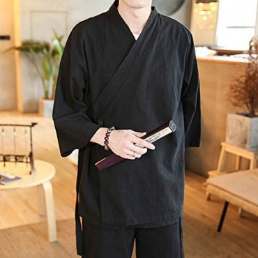 Men's Vintage Kimono Cardigan Cotton Linen Wrap Front Japanese Jinbei Haori Jacket Loose Fit Solid Color Hanfu Top Cover Up