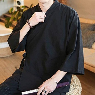 Men's Vintage Kimono Cardigan Cotton Linen Wrap Front Japanese Jinbei Haori Jacket Loose Fit Solid Color Hanfu Top Cover Up