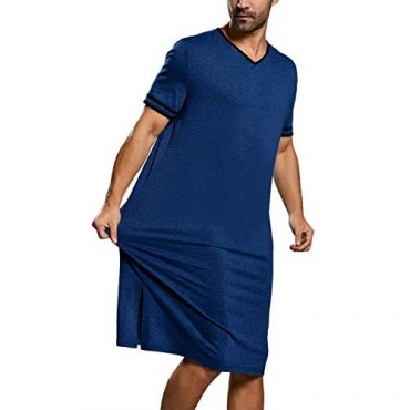 Runcati Mens Sleepshirt Cotton Nightshirt V Neck Short Sleeve PJ Comfy Soft Sleepwear Plain Nightgown Pajamas