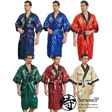 samurai JP Men’s Kimono Robe Style Satin Relaxation Bathrobe (Dragon Series/Night Gown) with Towel