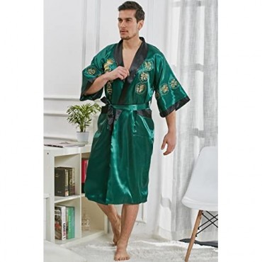 samurai JP Men’s Kimono Robe Style Satin Relaxation Bathrobe (Dragon Series/Night Gown) with Towel