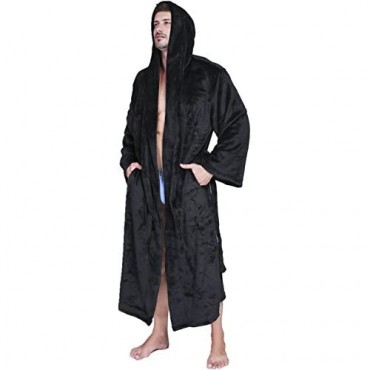VERNASSA Mens Fleece Robe Long Hooded Bathrobe Sleepwear