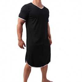 WINTOFW Men's Nightshirt Cotton Nightwear Comfy V Neck Short Sleeve Soft Loose Nightgown Pajamas Sleepwear