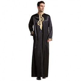XINNI Men Arabic Long Sleeve Embroidery Thobe Stand Collar Kaftan Robe