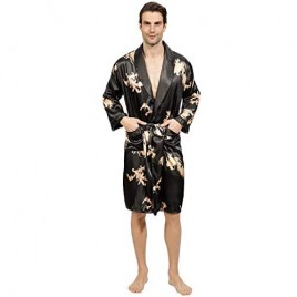 YIMANIE Mens Lightweight Satin Robe Long Sleeve Kimono Bathrobe V-Neck Printed Sleepwear