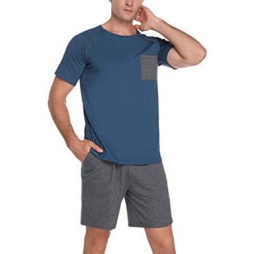 Aibrou Mens Pajama Set Short Sleeve Sleepwear Pjs Raglan Sleeve Tops and Shorts Loungewear for Men