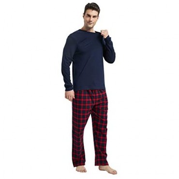 Amaxer Men's 100% Cotton Pajama Set Plaid Pants Crewneck Top Long Sleeve Pjs Soft Warm Lounge Set 2 Pcs Great Gift
