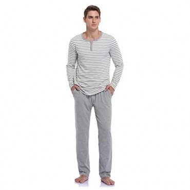 COLORFULLEAF Men's Cotton Pajama Set Lightweight Long Sleeve Henley Top & Pajamas Pants Sleepwear Lounge Set