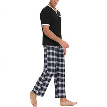 Daupanzees Men's Cotton Plaid Sleepwear Short Sleeve Top & Bottom Pajama Set