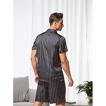 Floerns Men's 2 Piece Satin Striped Short Sleeve Pajamas Set