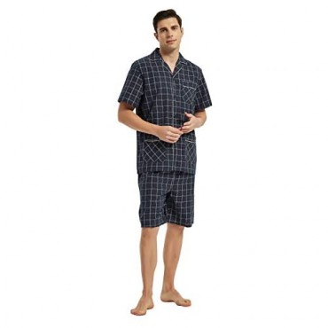 GLOBAL Men Short Pajama Set 100% Cotton Summer Pajama for men Soft Classic Plaid Loungewear