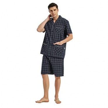 GLOBAL Men Short Pajama Set 100% Cotton Summer Pajama for men Soft Classic Plaid Loungewear