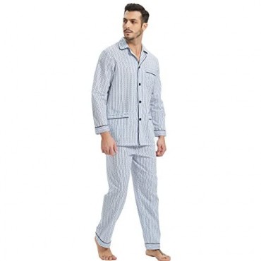 GLOBAL Mens Pajamas Set 100% Cotton Woven Drawstring Sleepwear Set with Top and Pants/Bottoms