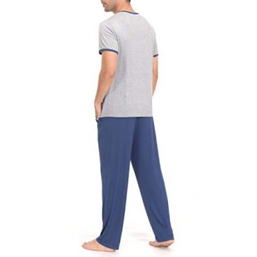 Indefini Men's Pajama Set Short Sleeve Sleepwear Pjs Top and Pant Soft Men Lounge Sets Size S-2XL