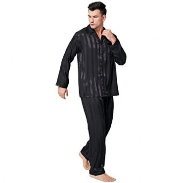 Lonxu Pajamas Set Mens Silk Satin Pajamas Long Sleeve Loungewear Two-Piece Sleepwear Button-Down Pj Set S-XXXXL