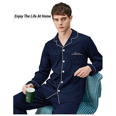Mens Long Sleeve Pajamas Set Soft 2 Piece pjs Set 100% Cotton Sleepwear Set for Men