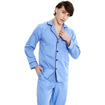 PIZZ ANNU Mens Plain-Weave Pajama Set Long Sleeve Lightweight Sleepwear Loungewear