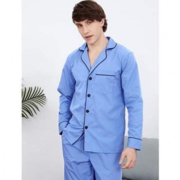 PIZZ ANNU Mens Plain-Weave Pajama Set Long Sleeve Lightweight Sleepwear Loungewear