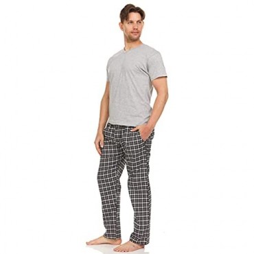 TRU FIT Men Cotton Pajamas Set Short Sleeve V Neck Sleep Shirt - Plaid Pants w/Side Pockets