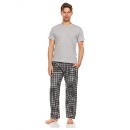 TRU FIT Men Cotton Pajamas Set Short Sleeve V Neck Sleep Shirt - Plaid Pants w/Side Pockets