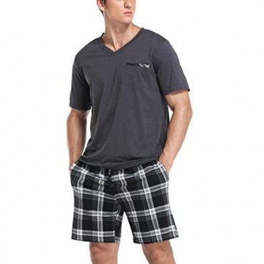 Vlazom Men's Pajama Sets Soft 2 Piece Set Short Sleeve Top and Plaid Pants for Loungewear Sleepwear with Pockets