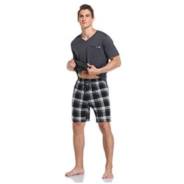 Vlazom Men's Pajama Sets Soft 2 Piece Set Short Sleeve Top and Plaid Pants for Loungewear Sleepwear with Pockets