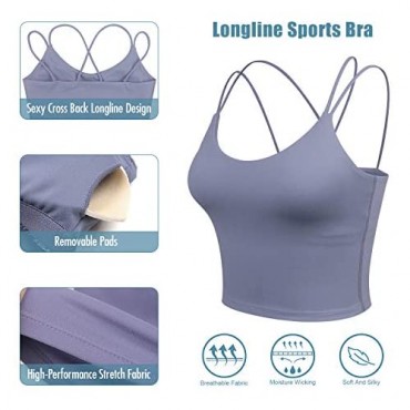 Longline Sports Bra for Women - Strappy Wirefree Removable Pads Yoga Camisole Crop Top 2 Pack