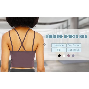 Longline Sports Bra for Women - Strappy Wirefree Removable Pads Yoga Camisole Crop Top 2 Pack