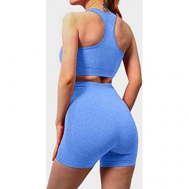OQQ Women Outfit Leisure 2 Piece Workout Seamless Yoga Gym Shorts Racerback with Sports Bra Set