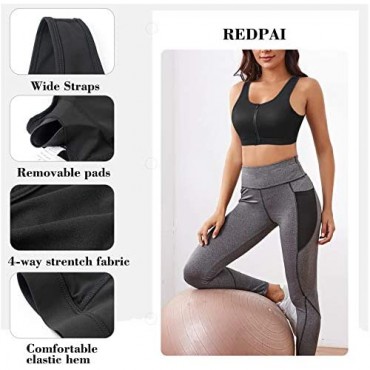 REDPAI Women's Front Closure Sport Bra Removable Pads Wirefree Racerback Workout Yoga Bras with Zipper
