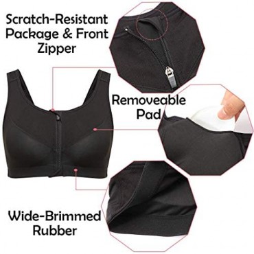Women Zip Front Sports Bras High Impact Support Bra Wirefree Zipper Adjustable Post Surgery Bra