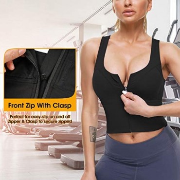 Women Zip Front Sports Bras Longline Fitness Crop Tops Tank Gym Yoga Workout Shirts