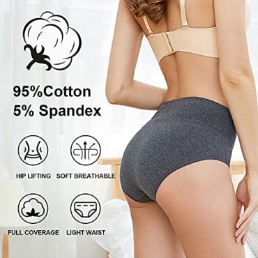 Coskefy Women's High Waisted Underwear Cotton Stretch Briefs Ladies Breathable Seamless Bikini Panties 5 Pcs