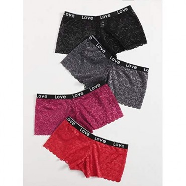 MakeMeChic Women's 4packs Letter Tape Floral Lace Briefs Boy Shorts Panties Underwear