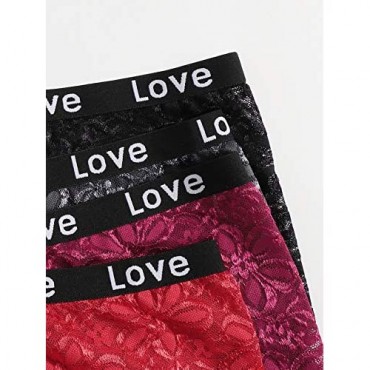 MakeMeChic Women's 4packs Letter Tape Floral Lace Briefs Boy Shorts Panties Underwear