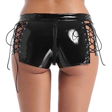 Sholeno Womens Patent Leather Wetlook Lace Up Low Rise Mini Booty Shorts Knickers