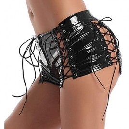 Sholeno Womens Patent Leather Wetlook Lace Up Low Rise Mini Booty Shorts Knickers